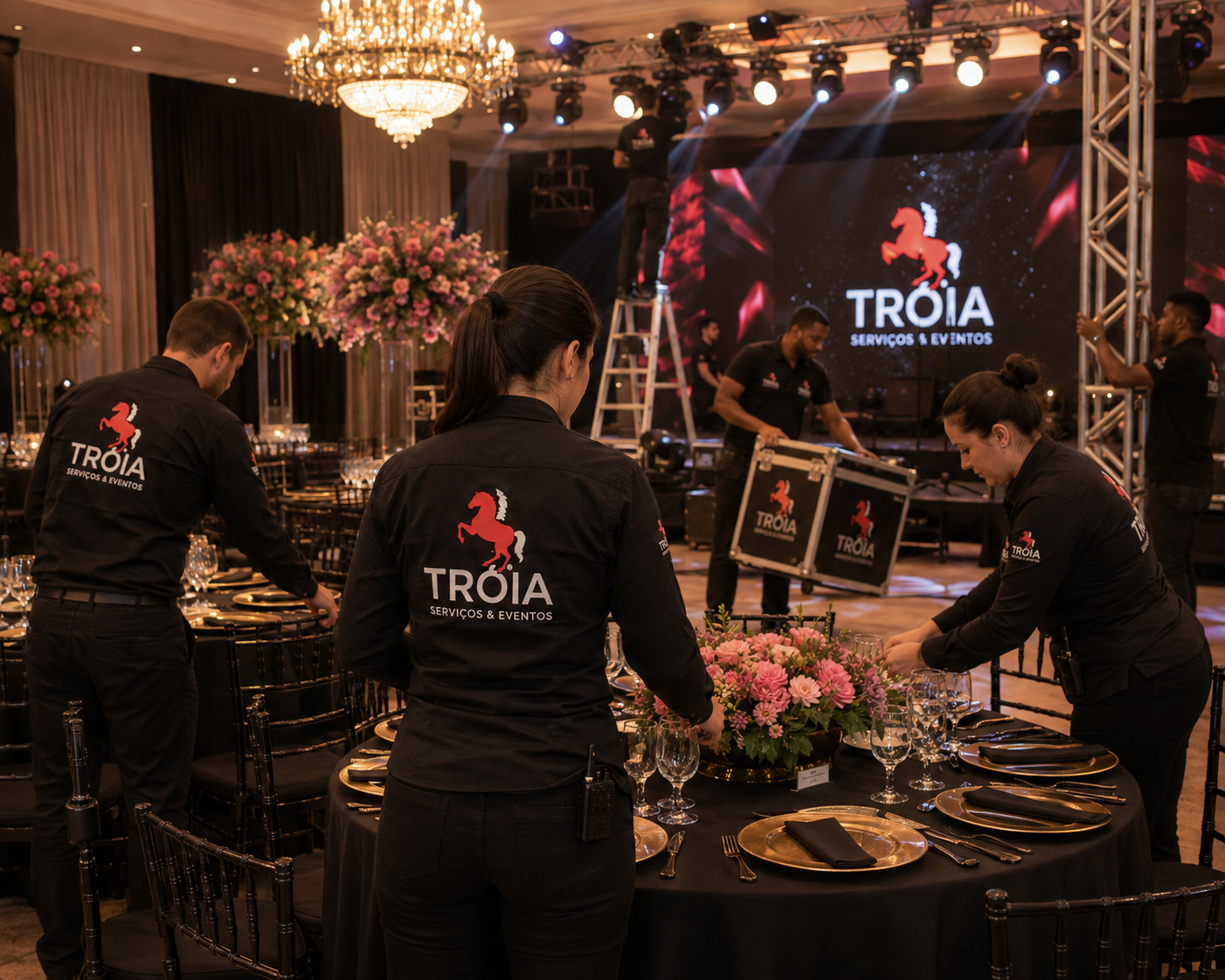 Equipe Tróia montando estrutura e decoração do evento