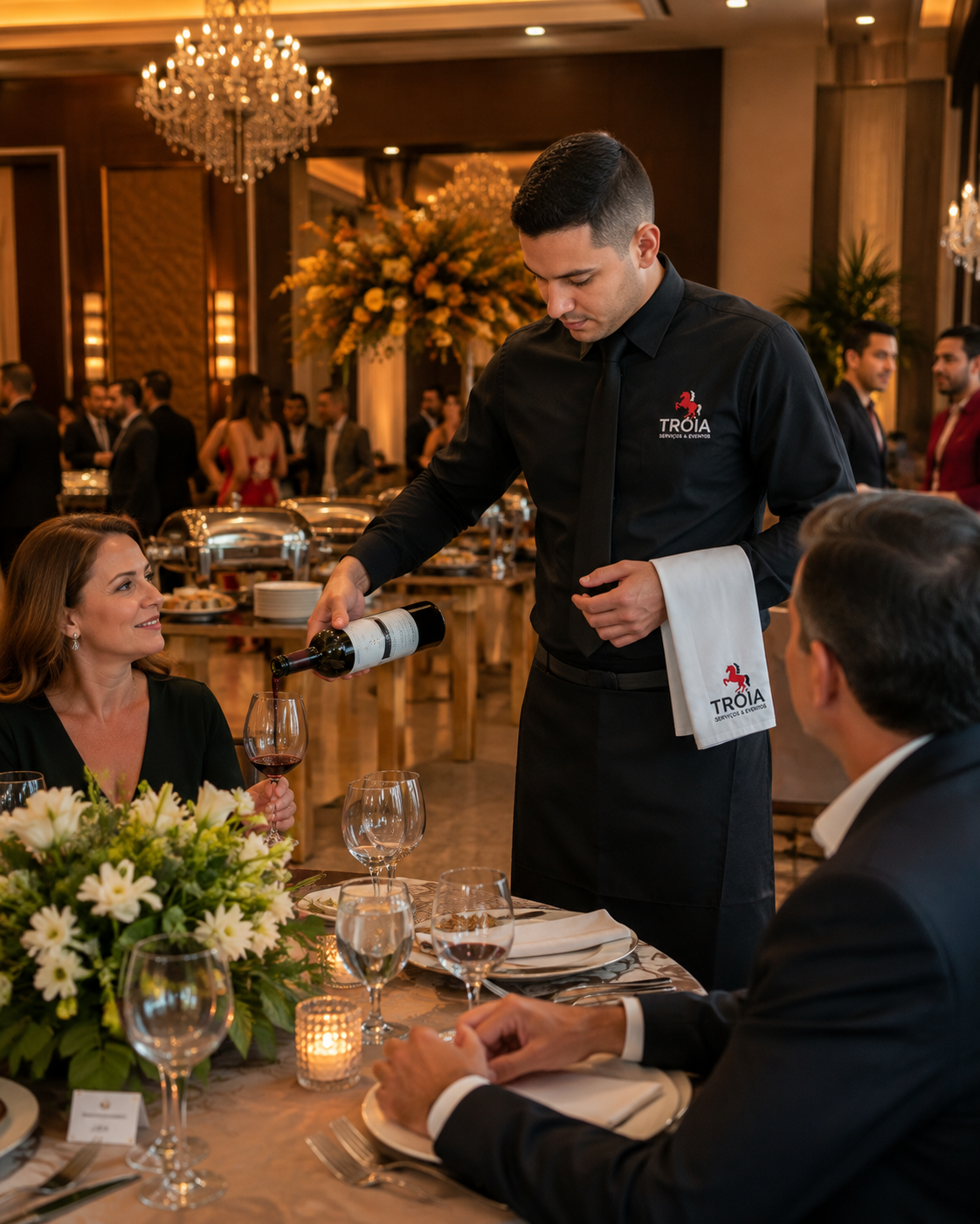 Garçom Tróia servindo vinho em jantar de gala
